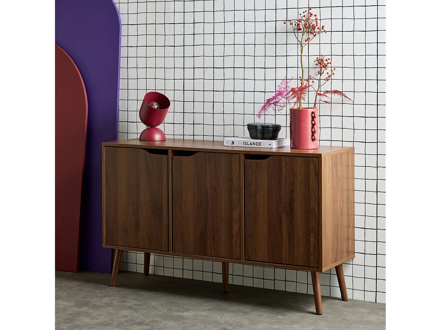 Buffet de rangement effet bois de noyer 3 portes et 3 étagères.  buffet bas. 120cm