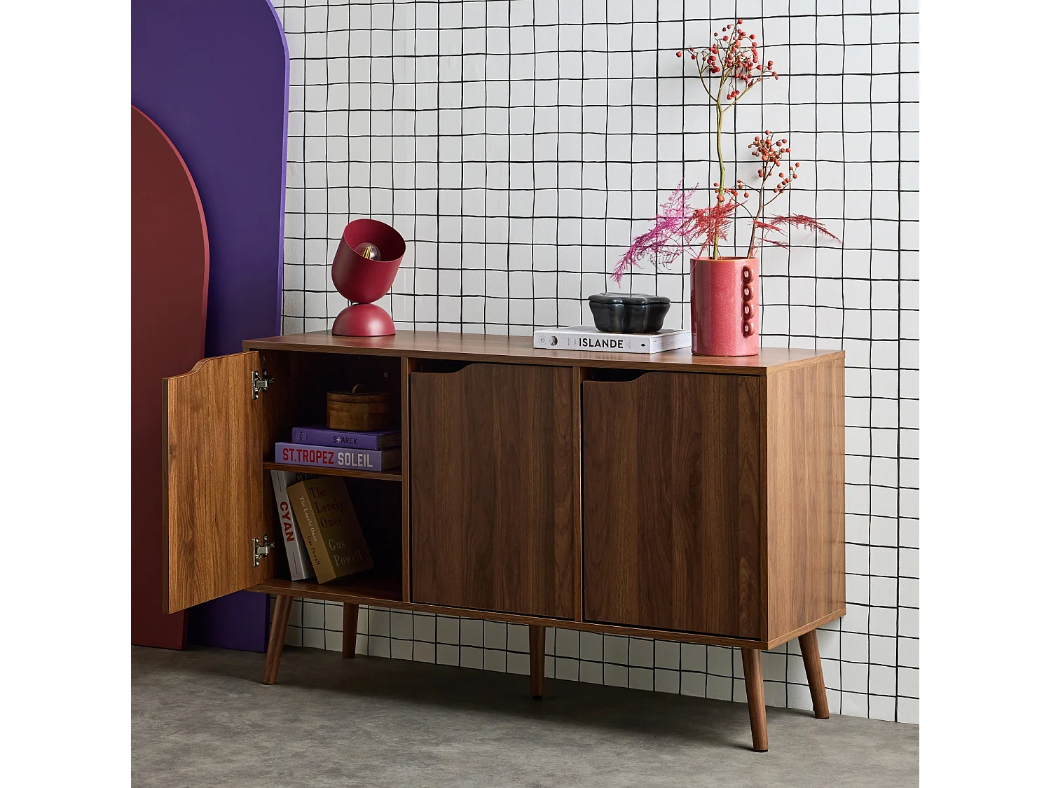 Buffet de rangement effet bois de noyer 3 portes et 3 étagères.  buffet bas. 120cm