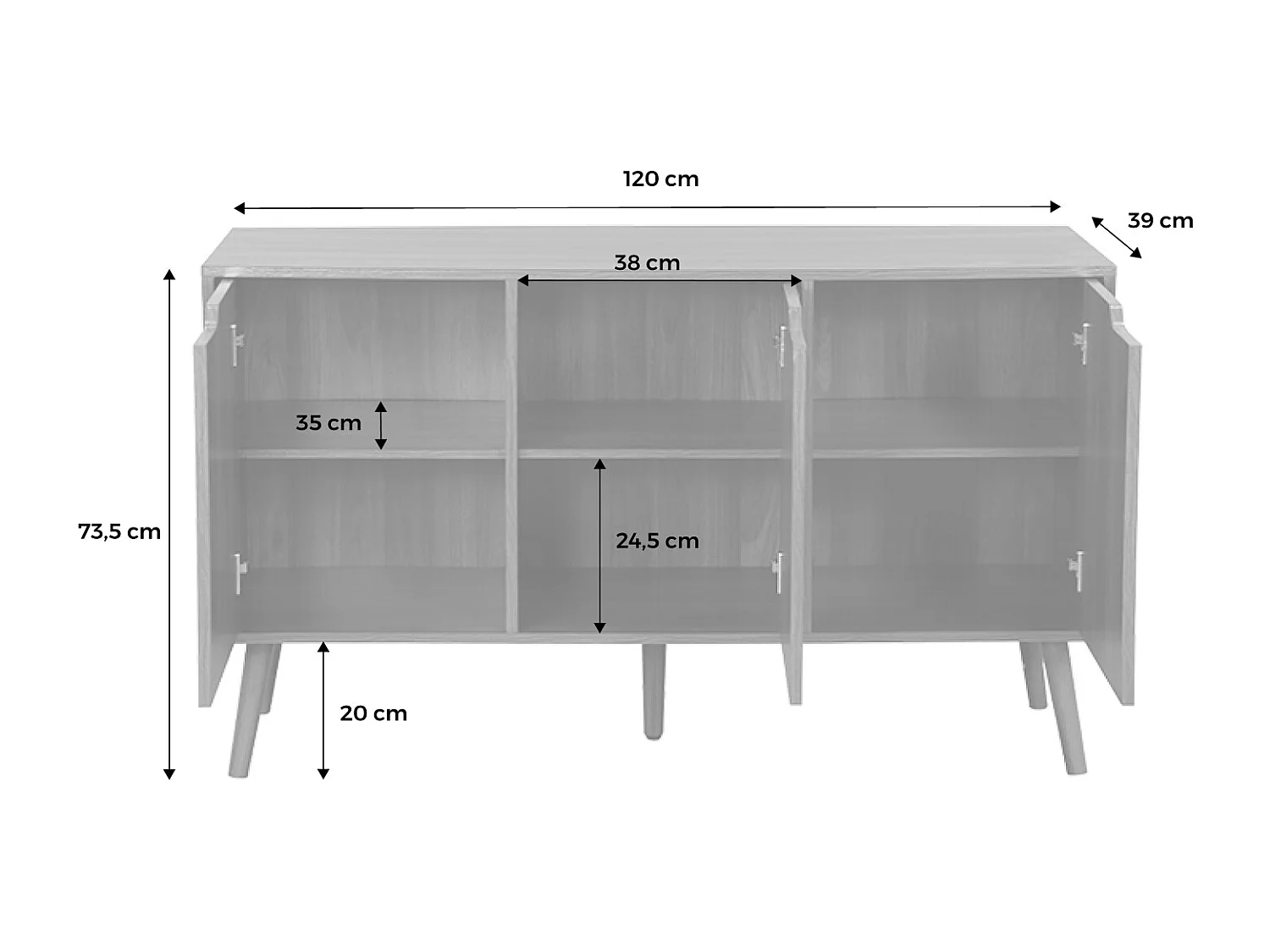 Buffet de rangement effet bois de noyer 3 portes et 3 étagères.  buffet bas. 120cm