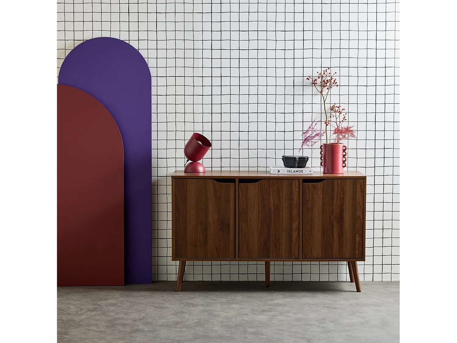 Buffet de rangement effet bois de noyer 3 portes et 3 étagères.  buffet bas. 120cm