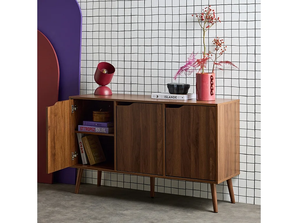 Buffet de rangement effet bois de noyer 3 portes et 3 étagères.  buffet bas. 120cm