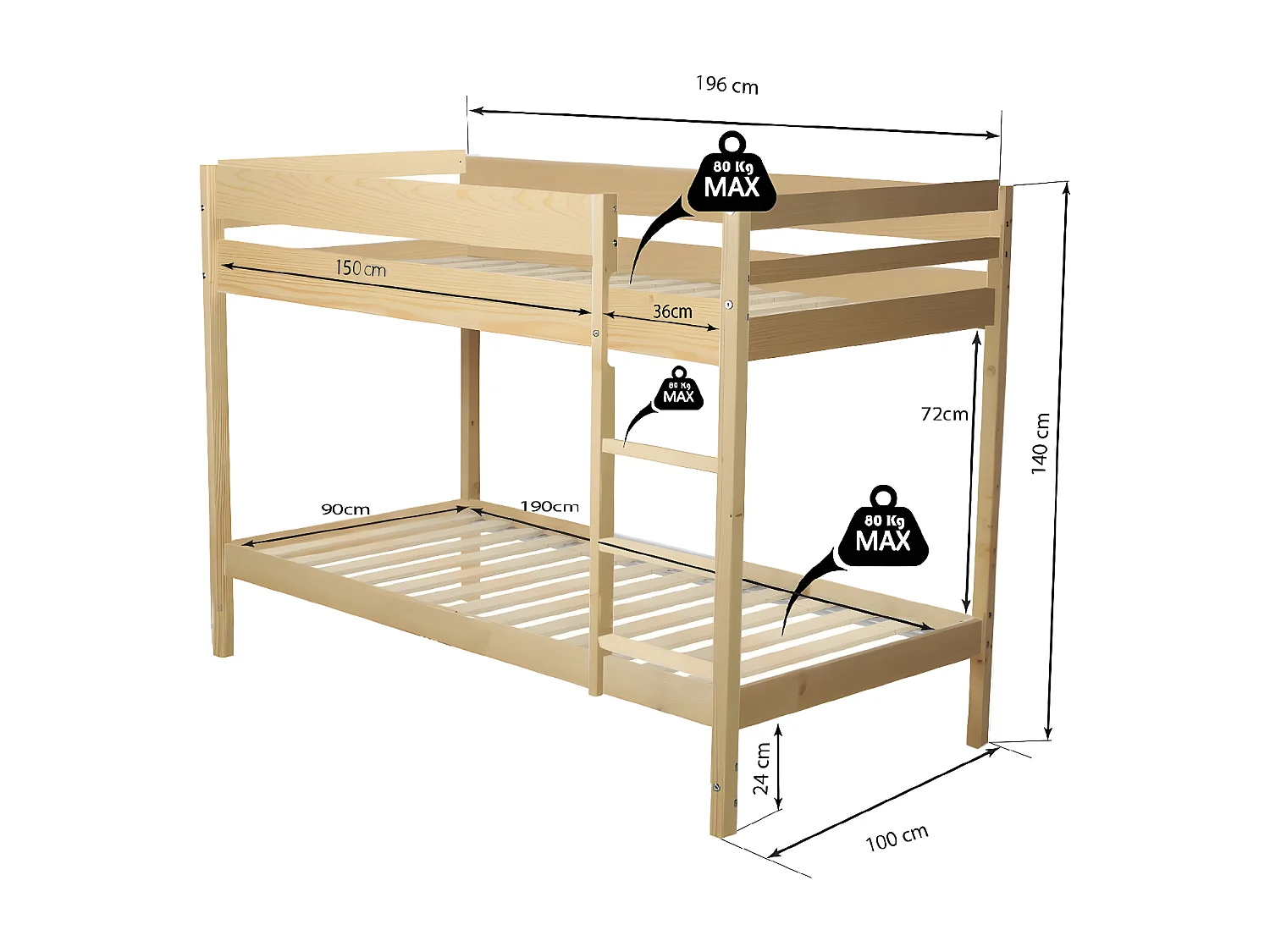 Lit superposé BRICE 90x190 + 2 sommiers / Naturel