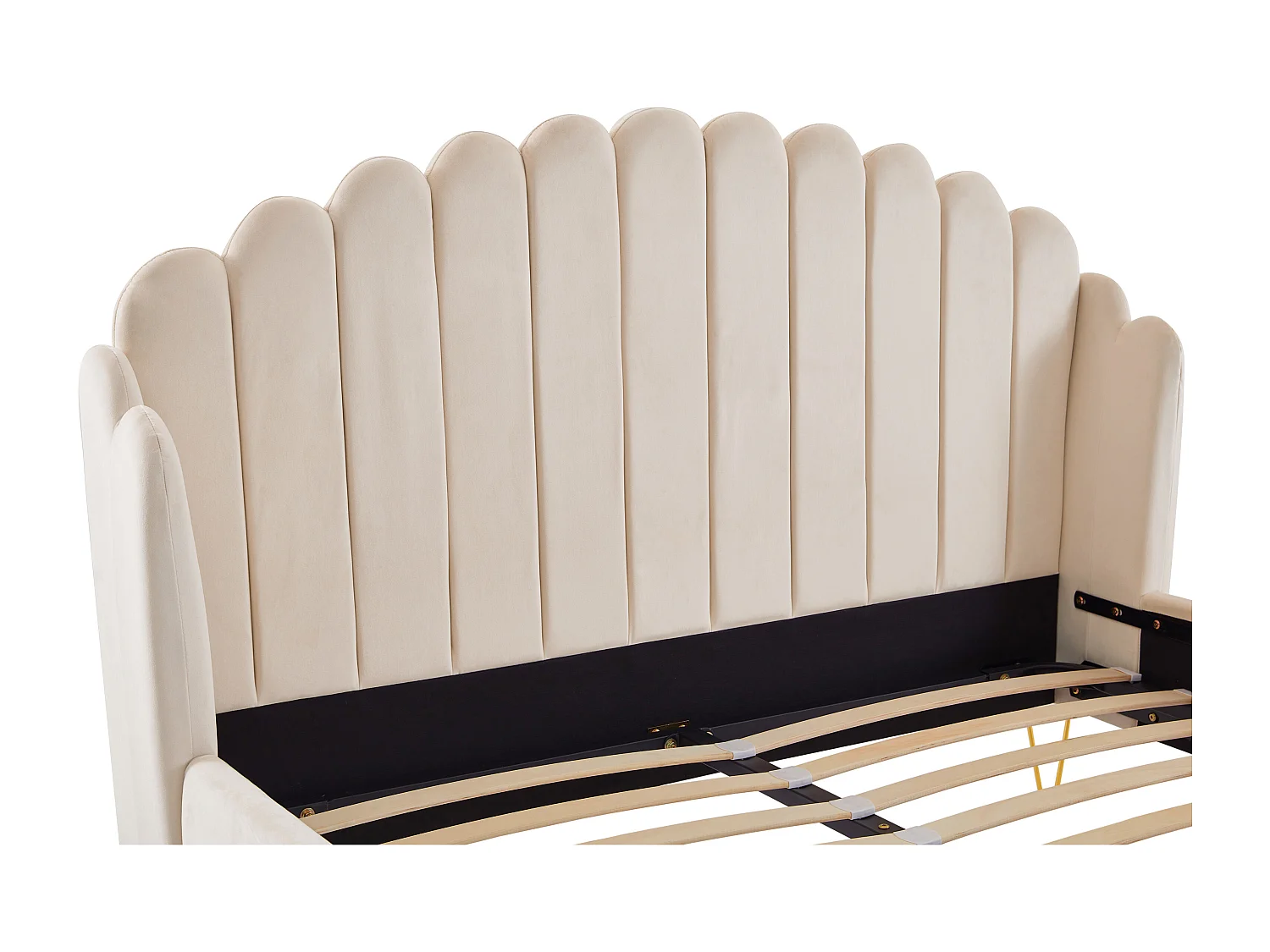 Lit 140 x 190 cm avec tête de lit ondulée - Velours - Beige + Matelas - SAGALI