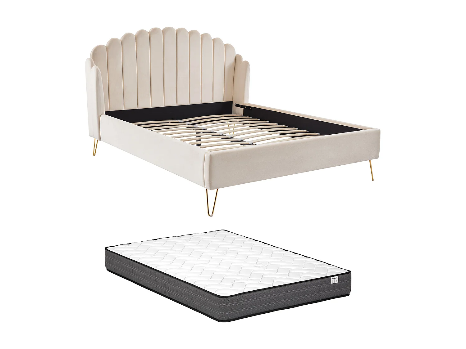 Lit 160 x 200 cm avec tête de lit ondulée - Velours - Beige + Matelas - SAGALI