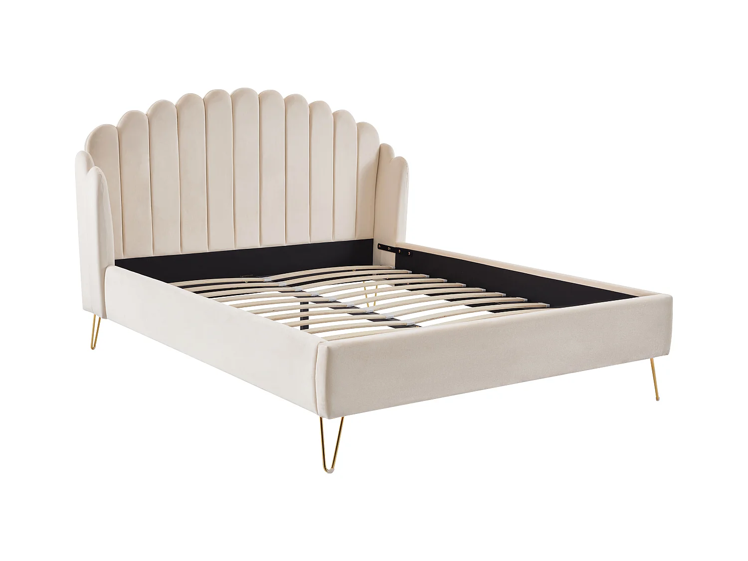 Bed van 160 x 200 cm met golvend hoofdbord - Fluweel - Beige + Matras - SAGALI
