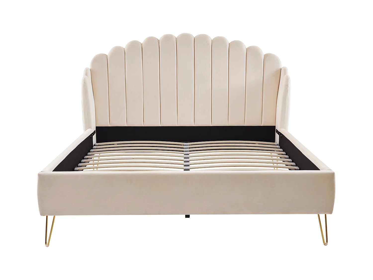 Bed van 160 x 200 cm met golvend hoofdbord - Fluweel - Beige + Matras - SAGALI