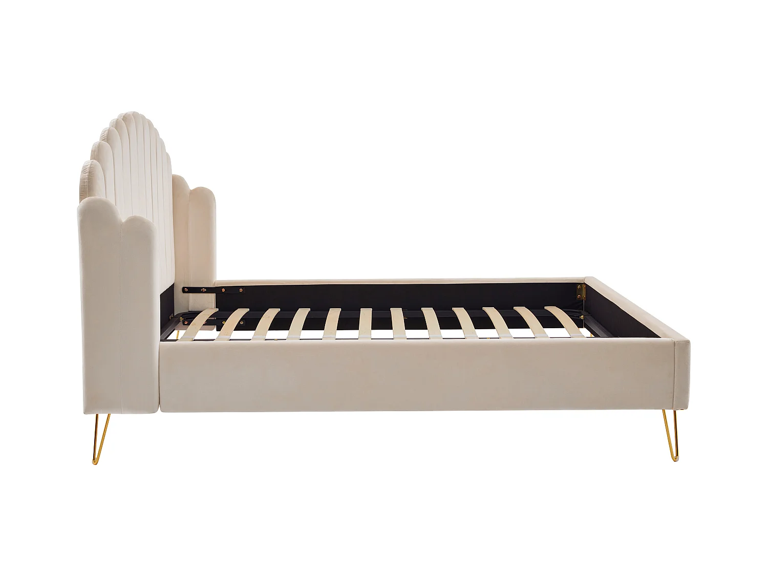 Bed van 160 x 200 cm met golvend hoofdbord - Fluweel - Beige + Matras - SAGALI