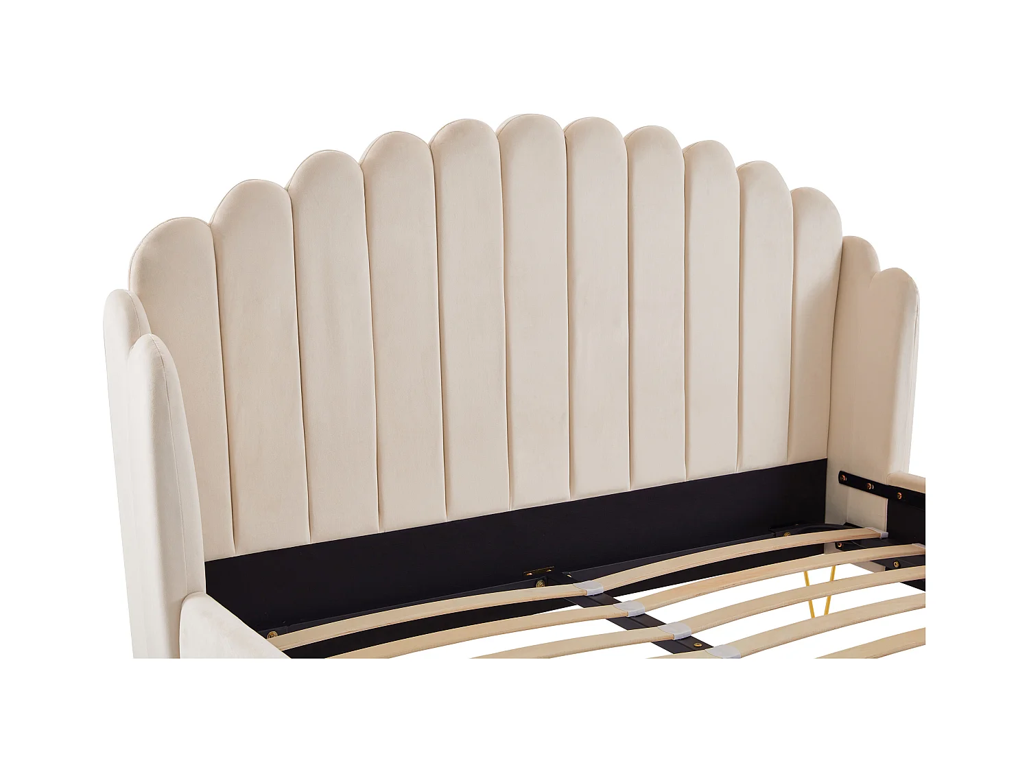 Bed van 160 x 200 cm met golvend hoofdbord - Fluweel - Beige + Matras - SAGALI