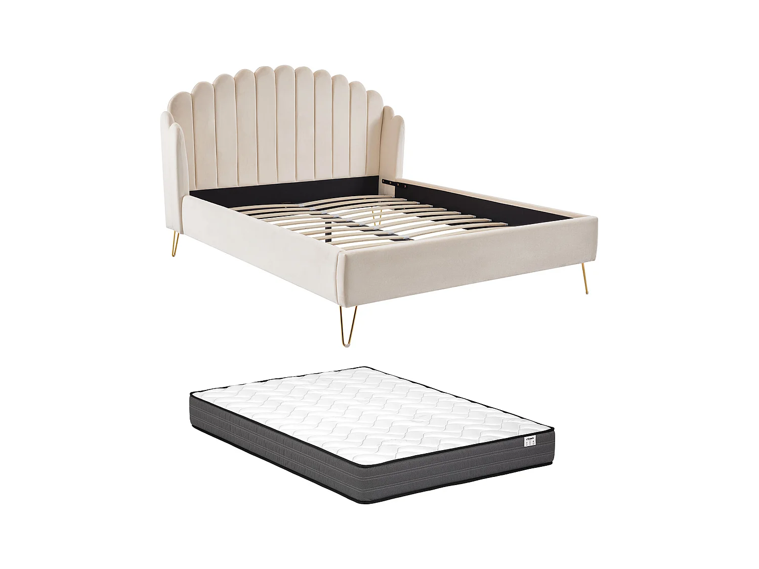 Bed van 160 x 200 cm met golvend hoofdbord - Fluweel - Beige + Matras - SAGALI