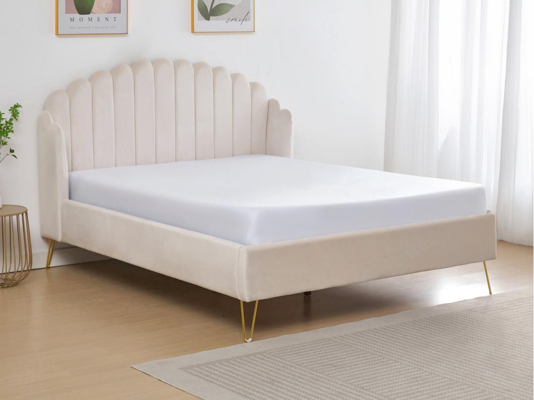 Lit 160 x 200 cm avec tête de lit ondulée - Velours - Beige + Matelas - SAGALI