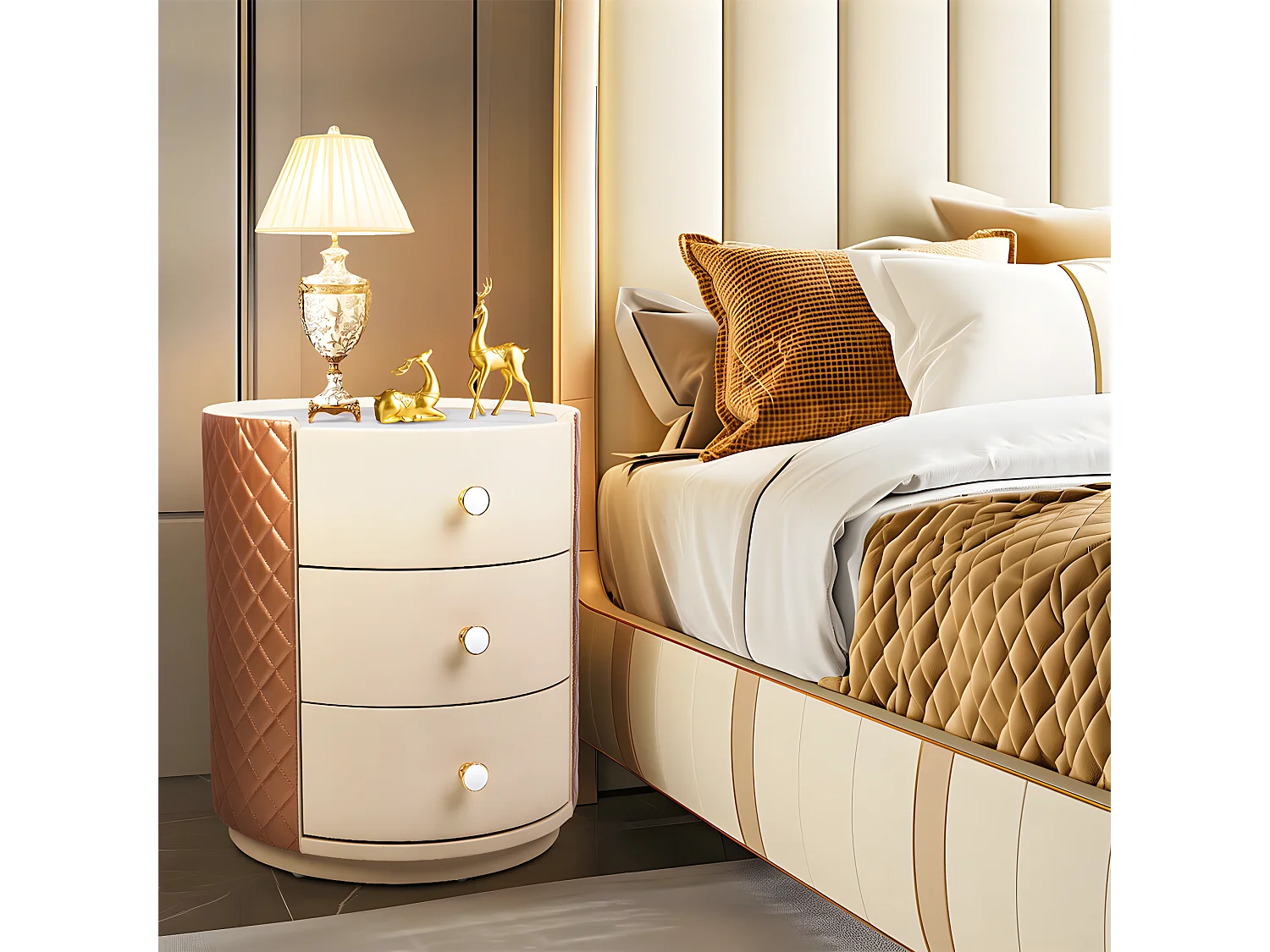 Table de chevet - 3 tiroirs - Table de Nuit marbre blanche - 44.5x50cm - Déjà assemblée - Cuir marron