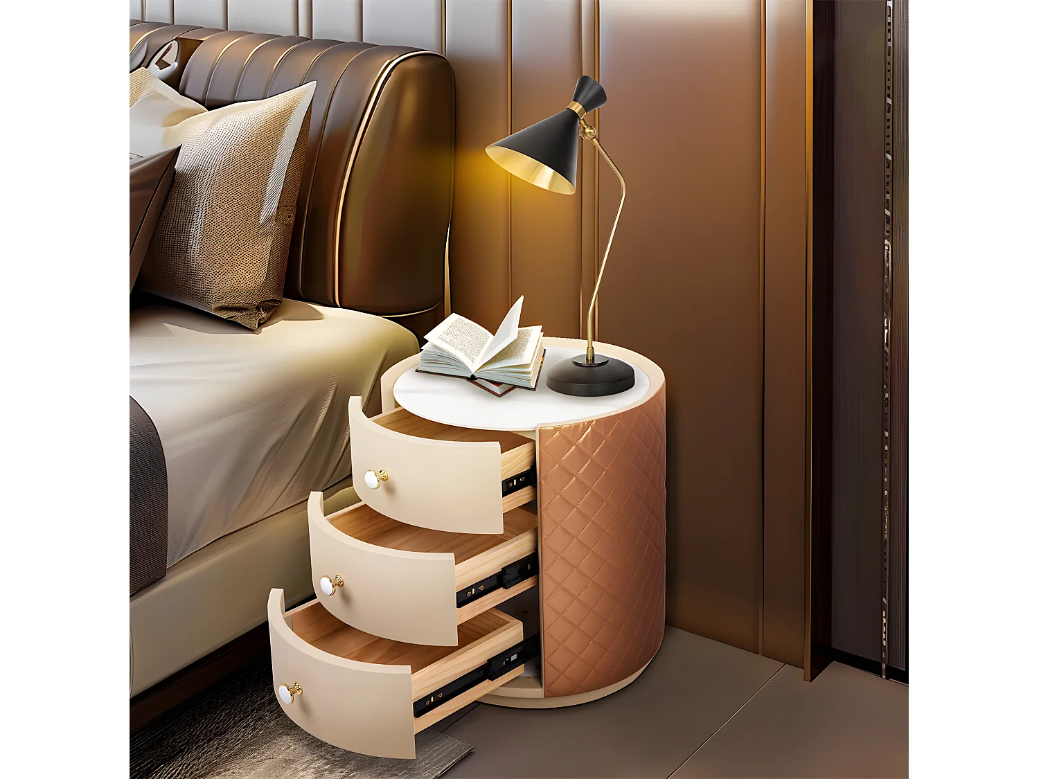 Table de chevet - 3 tiroirs - Table de Nuit marbre blanche - 44.5x50cm - Déjà assemblée - Cuir marron