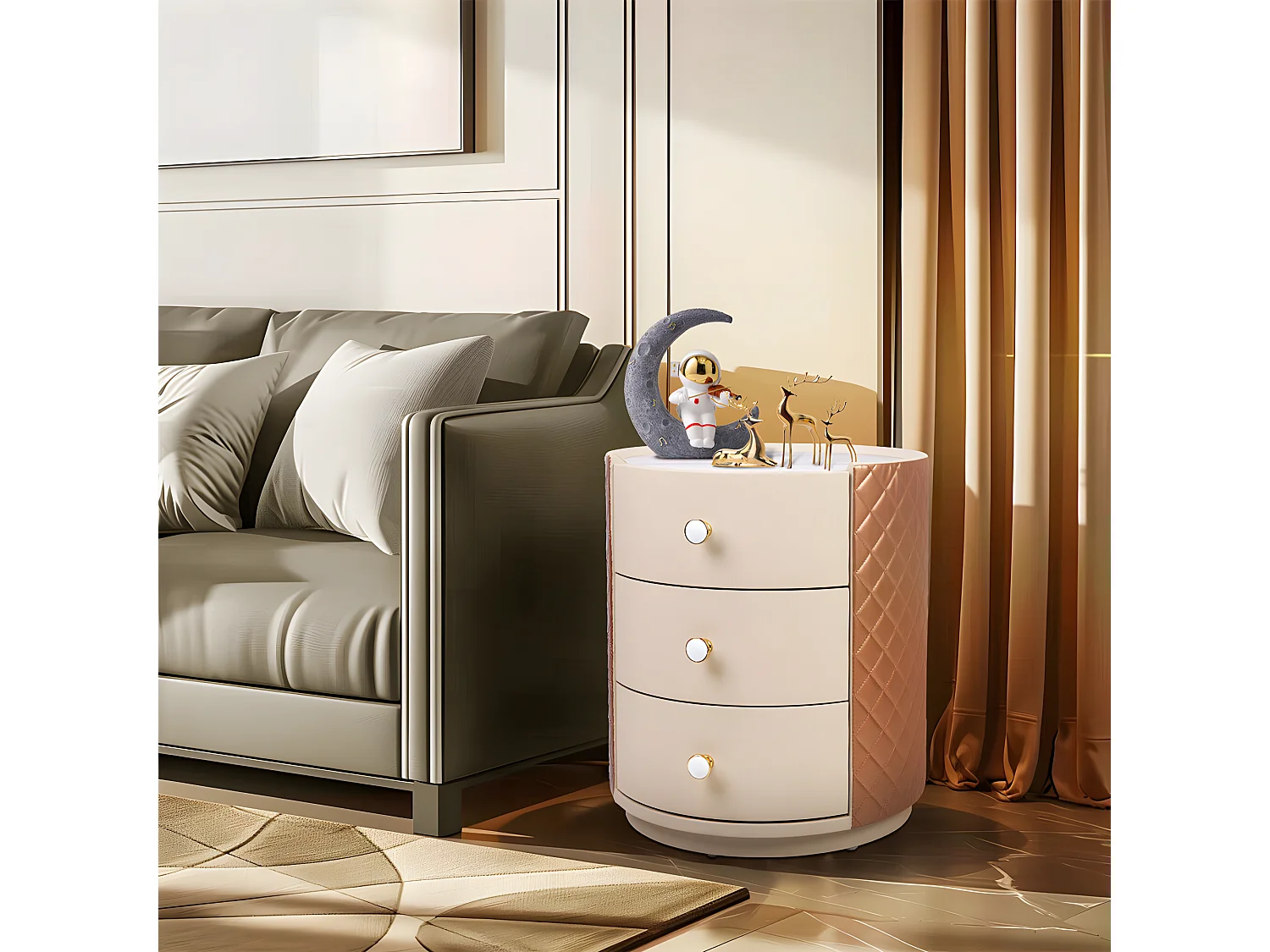 Table de chevet - 3 tiroirs - Table de Nuit marbre blanche - 44.5x50cm - Déjà assemblée - Cuir marron