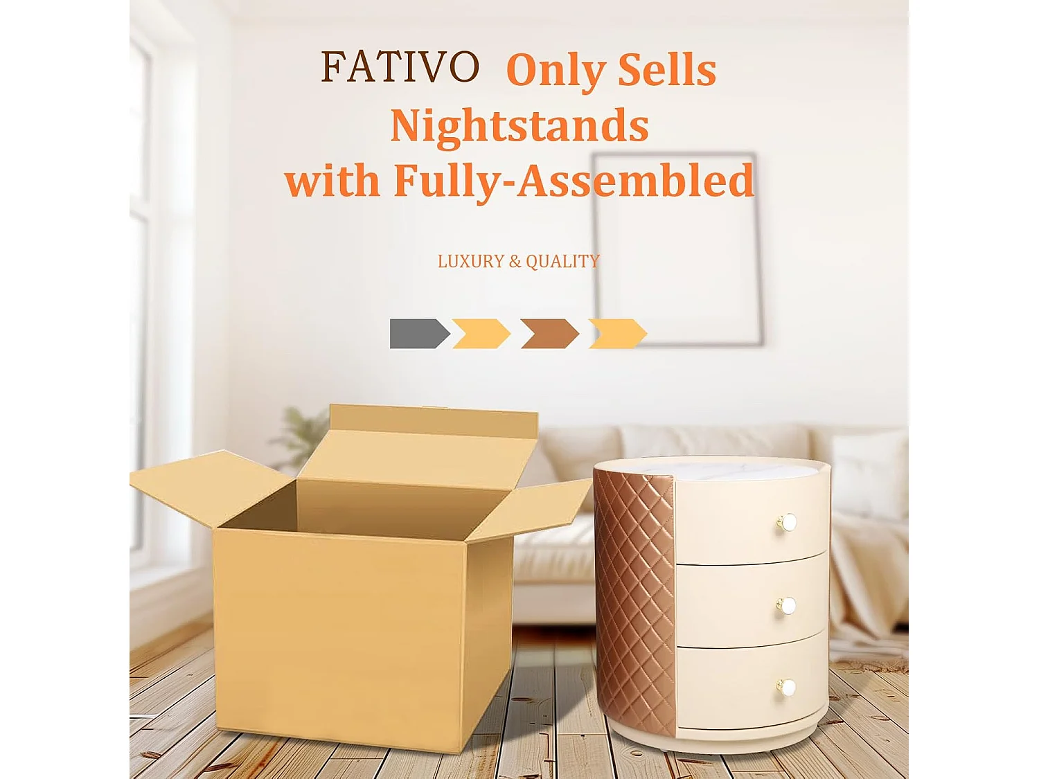 Table de chevet - 3 tiroirs - Table de Nuit marbre blanche - 44.5x50cm - Déjà assemblée - Cuir marron