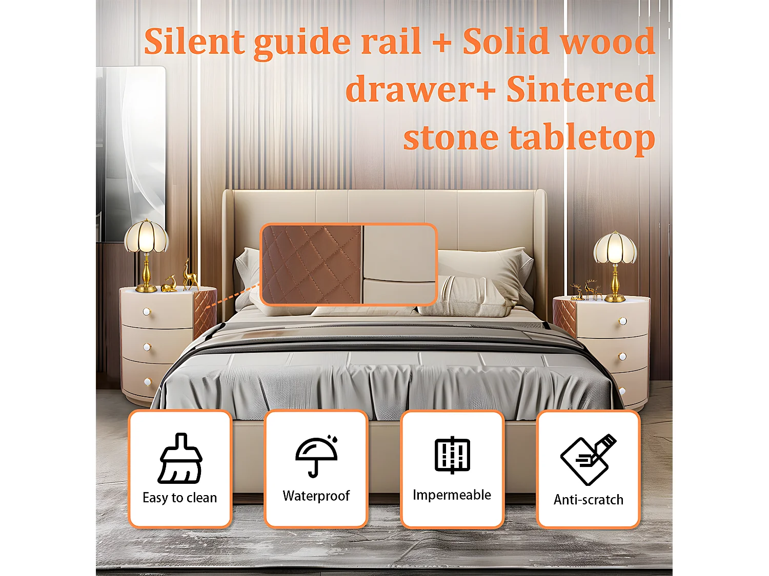 Table de chevet - 3 tiroirs - Table de Nuit marbre blanche - 44.5x50cm - Déjà assemblée - Cuir marron