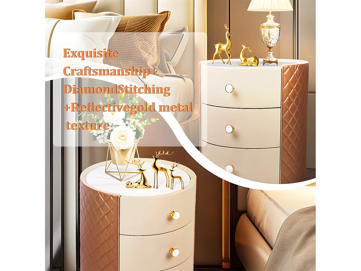 Table de chevet - 3 tiroirs - Table de Nuit marbre blanche - 44.5x50cm - Déjà assemblée - Cuir marron