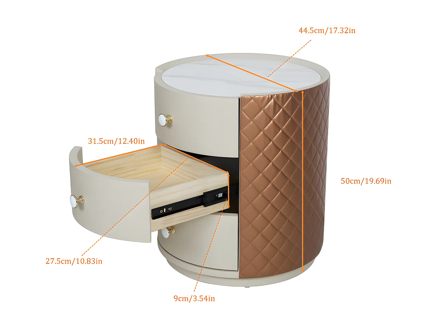 Table de chevet - 3 tiroirs - Table de Nuit marbre blanche - 44.5x50cm - Déjà assemblée - Cuir marron