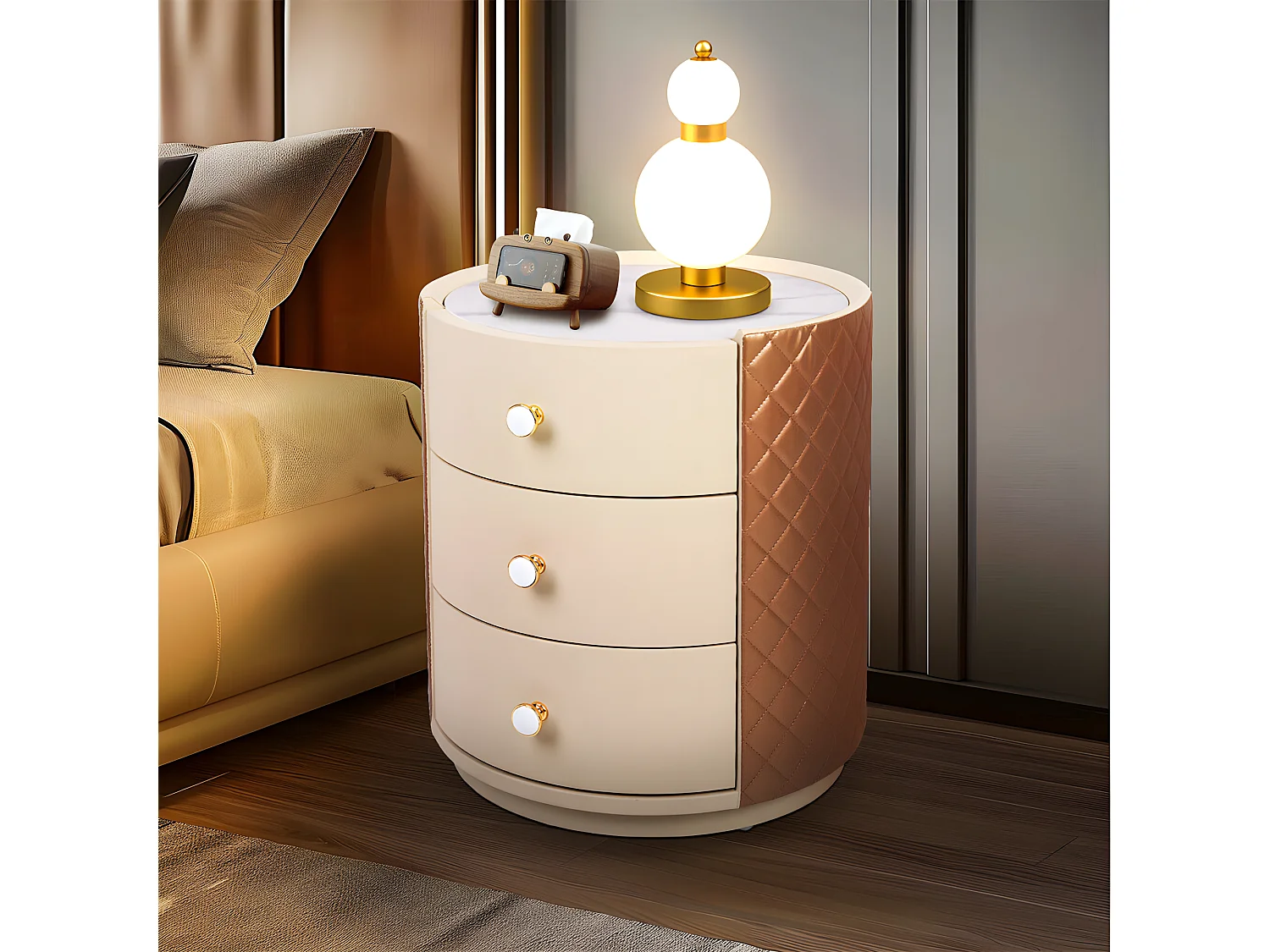 Table de chevet - 3 tiroirs - Table de Nuit marbre blanche - 44.5x50cm - Déjà assemblée - Cuir marron