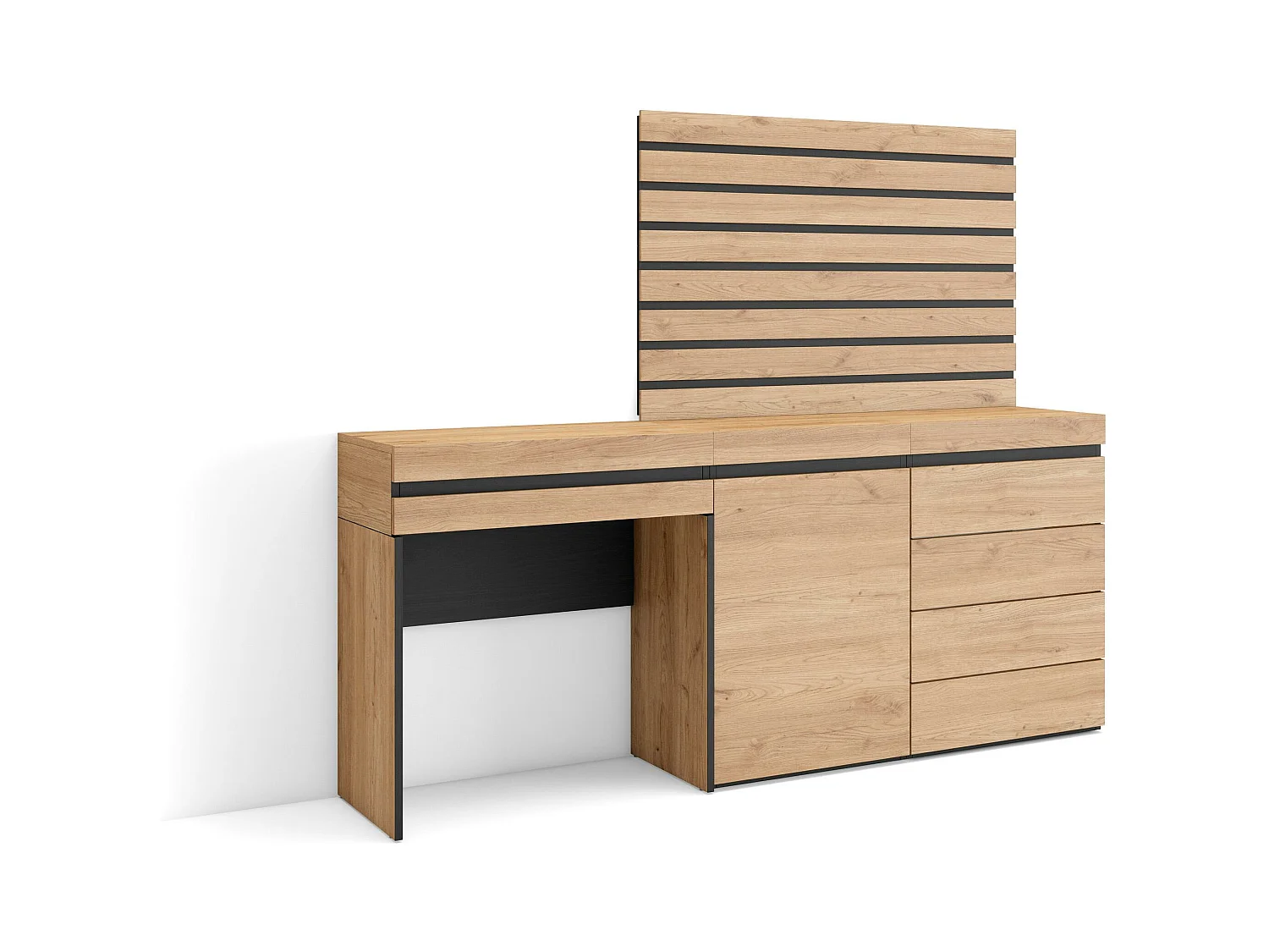 Schminktisch, 177x35x145cm, mit Schublade, Kommode mit Schubladen, Lamellenwand Holz, Eiche