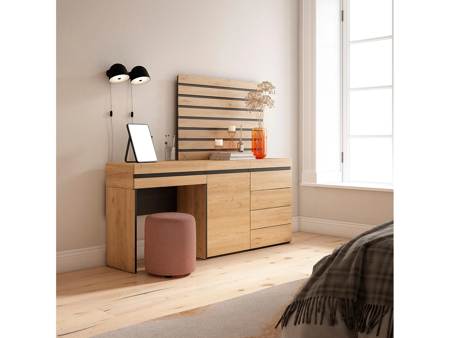 Schminktisch, 177x35x145cm, mit Schublade, Kommode mit Schubladen, Lamellenwand Holz, Eiche