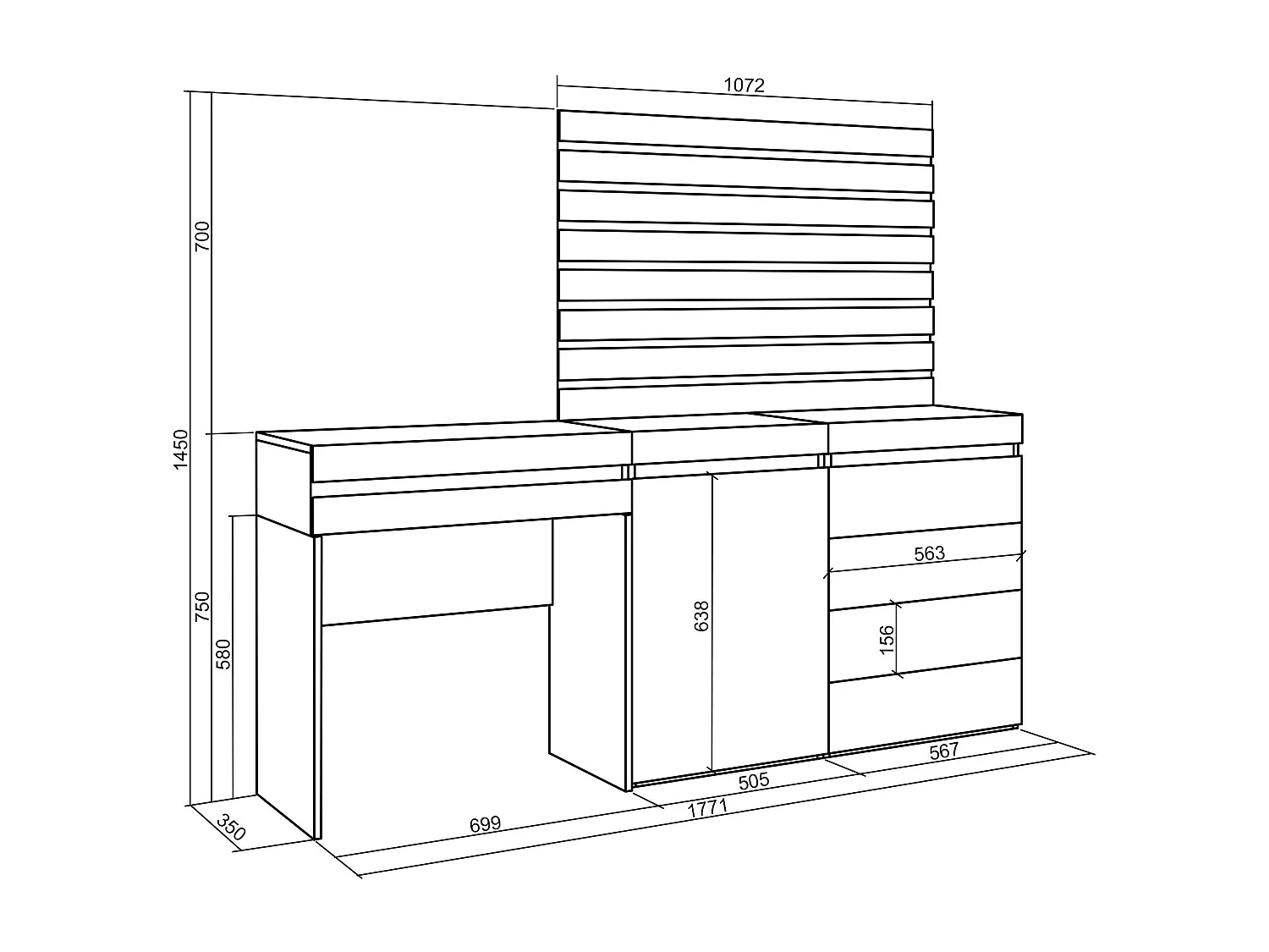 Schminktisch, 177x35x145cm, mit Schublade, Kommode mit Schubladen, Lamellenwand Holz, Eiche