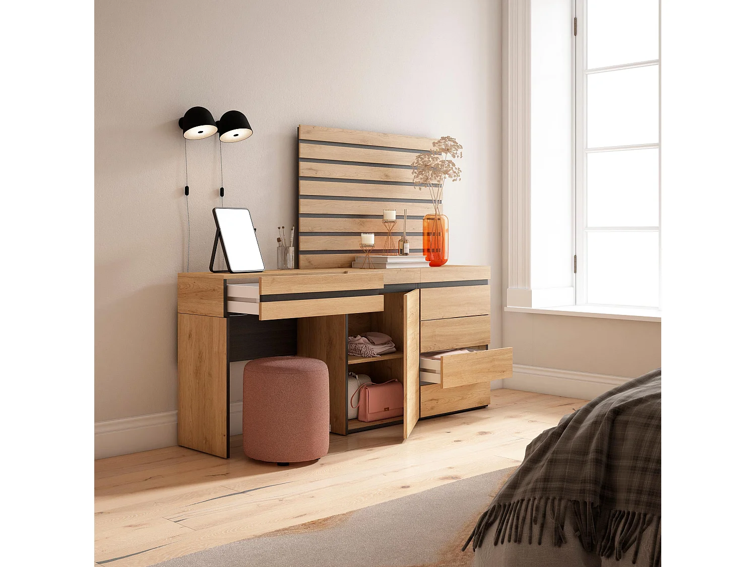 Coiffeuse, 177x35x145 cm, Avec tiroir, Commode, Buffet, Panneaux Muraux en Bois, Chêne