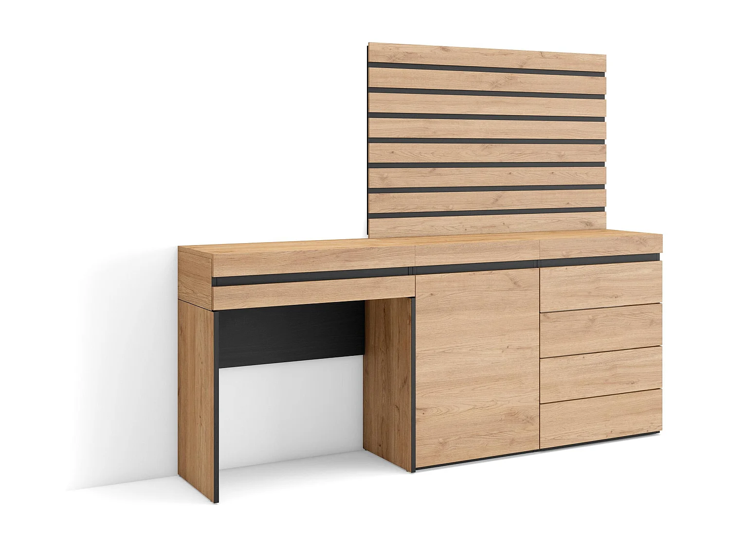 Tocador, 177x35x145cm, Con cajón, Cómoda, Cajonera, Listones Decorativos, Roble