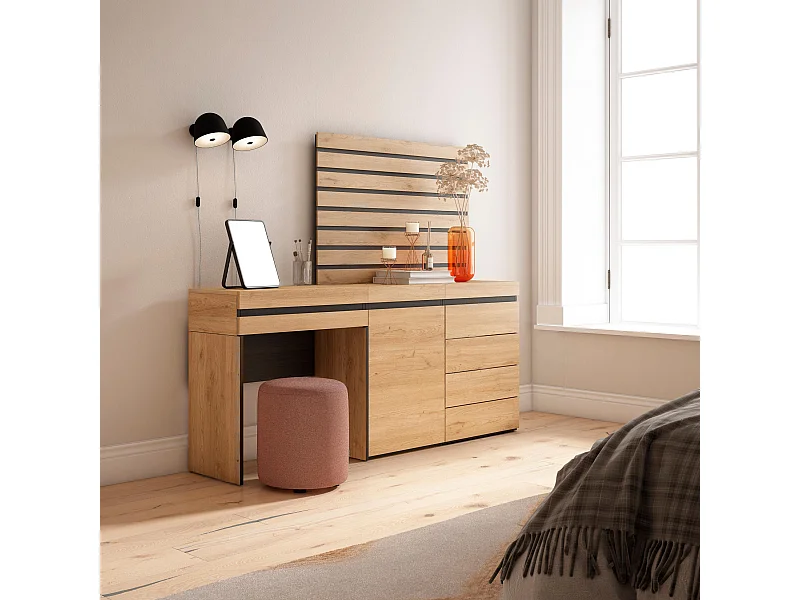 Coiffeuse, 177x35x145 cm, Avec tiroir, Commode, Buffet, Panneaux Muraux en Bois, Chêne