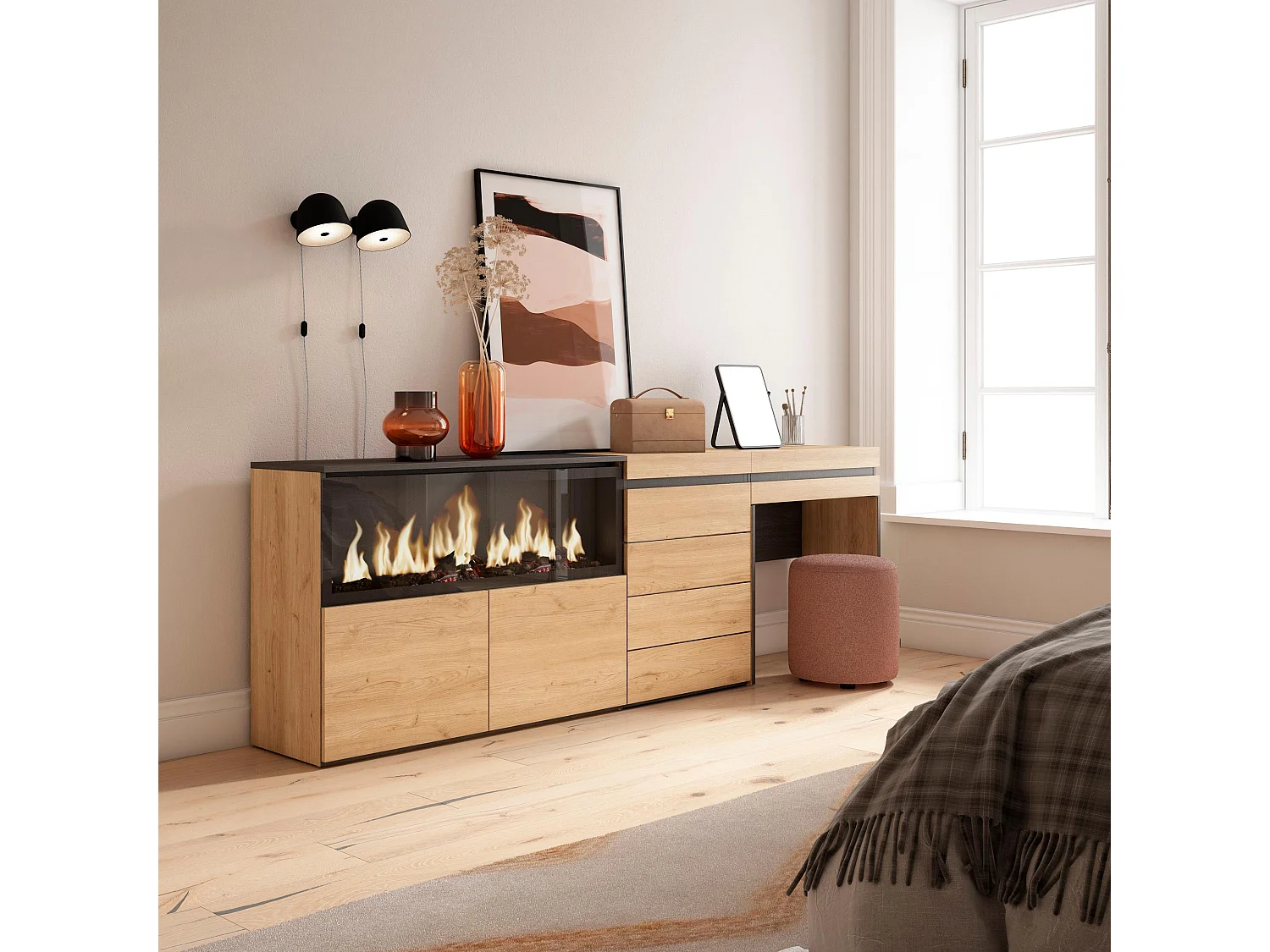 Coiffeuse, 234x35x75 cm, Avec tiroir, Cheminée électrique XXL, Commode, Buffet, Chêne