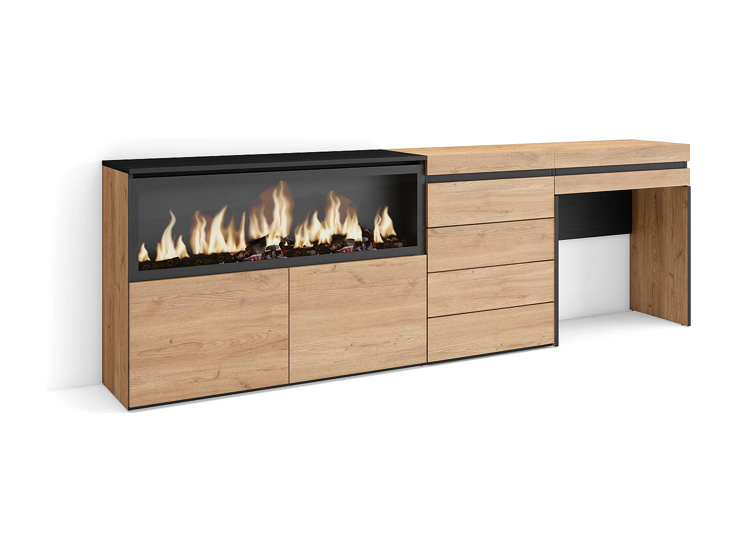 Coiffeuse, 234x35x75 cm, Avec tiroir, Cheminée électrique XXL, Commode, Buffet, Chêne