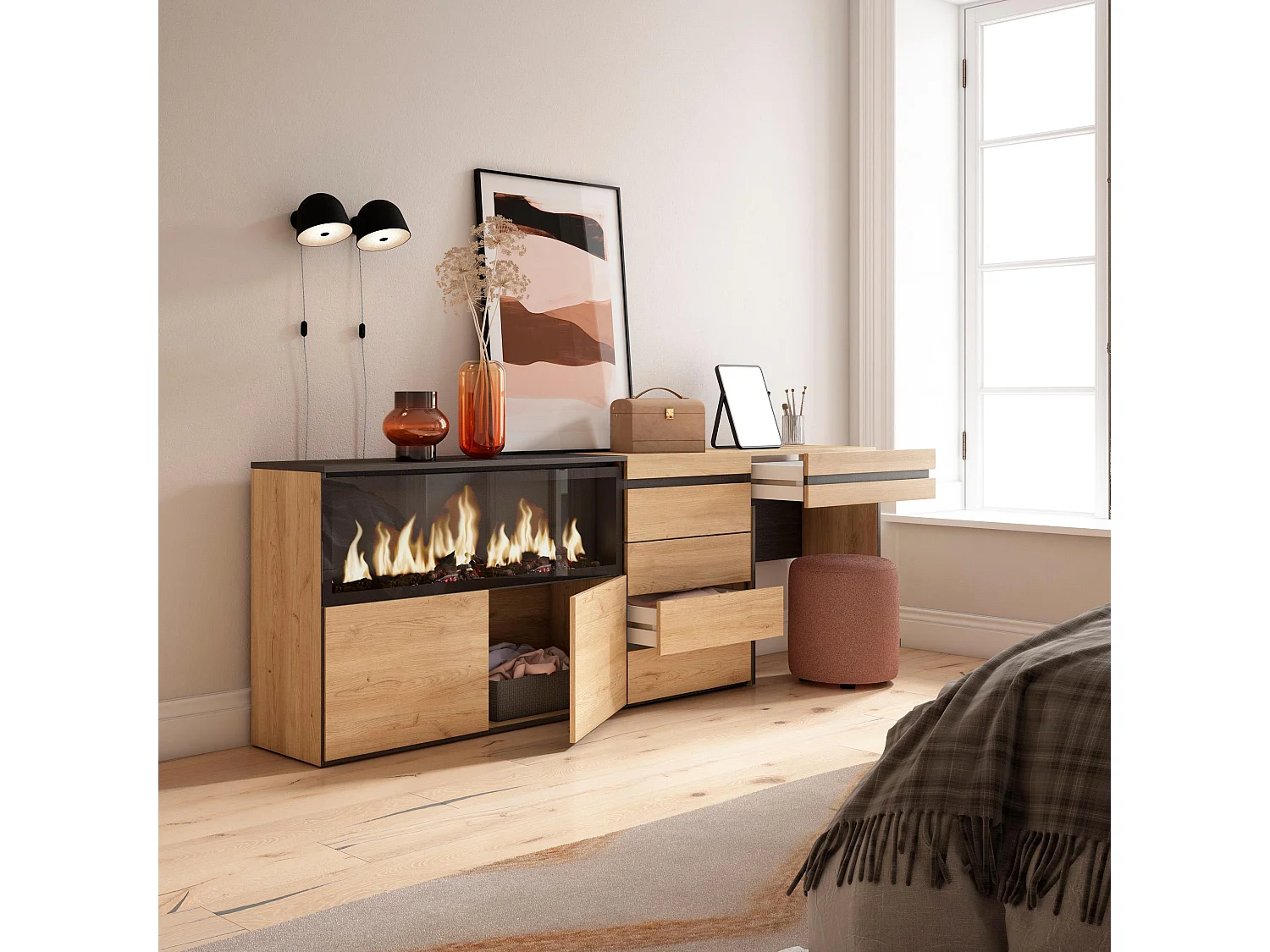 Coiffeuse, 234x35x75 cm, Avec tiroir, Cheminée électrique XXL, Commode, Buffet, Chêne