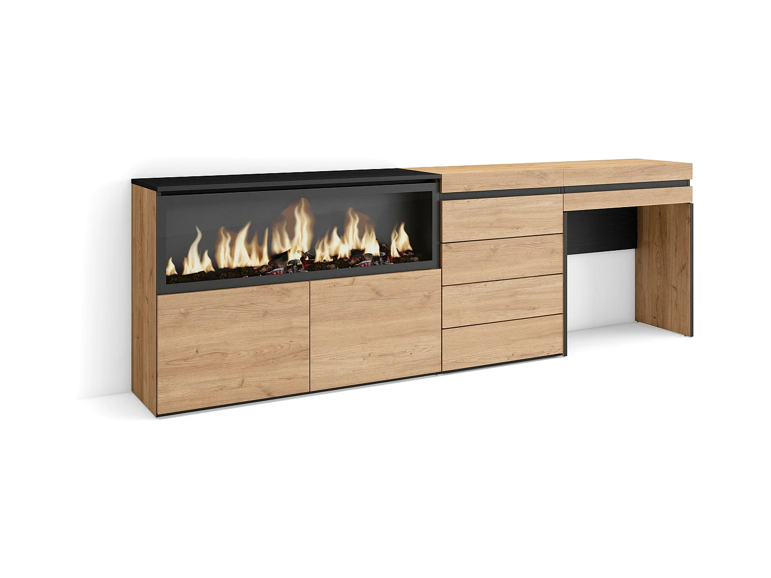 Coiffeuse, 234x35x75 cm, Avec tiroir, Cheminée électrique XXL, Commode, Buffet, Chêne