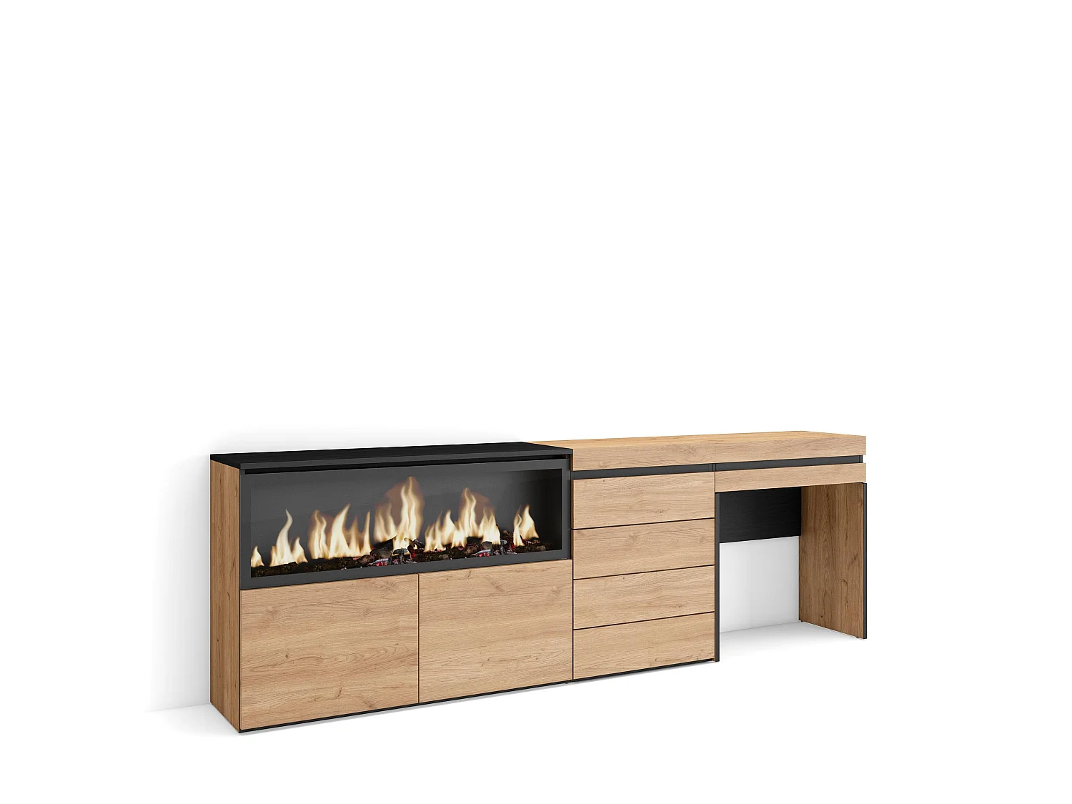 Kaptafel, Make-uptafel, 234x35x75cm, Met lade, Elektrische haard XXL, Ladekast, Commode, Eiken