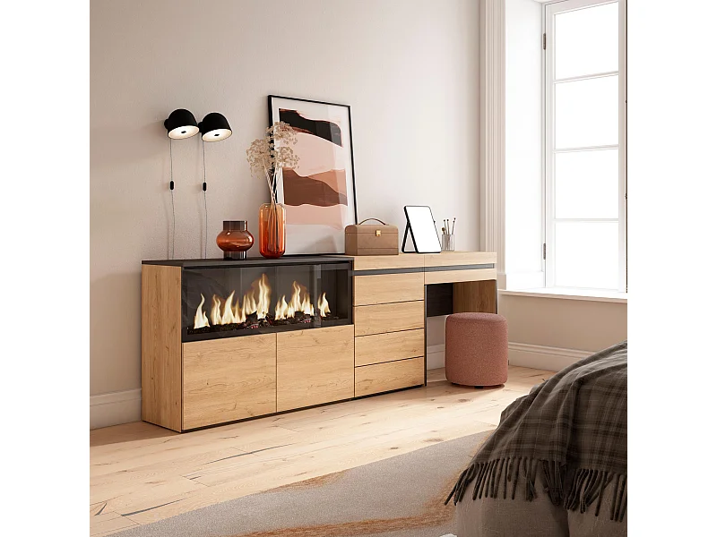 Coiffeuse, 234x35x75 cm, Avec tiroir, Cheminée électrique XXL, Commode, Buffet, Chêne