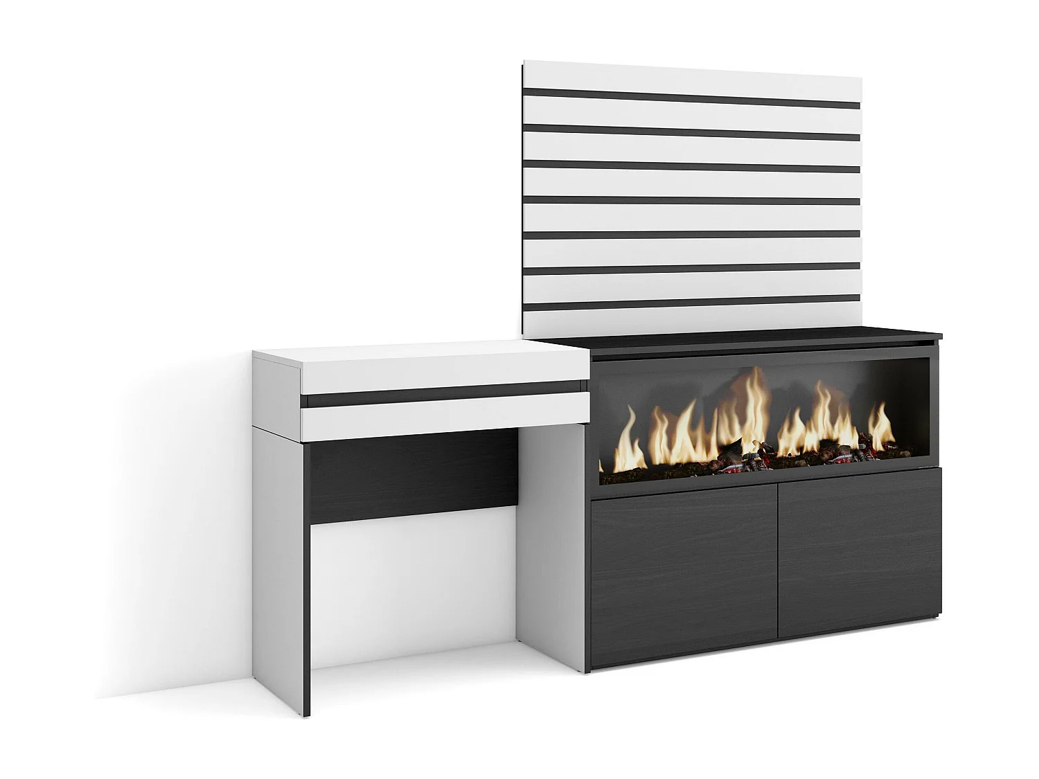 Tocador, 177x35x145cm, Con cajón, Chimenea eléctrica XXL, Listones Decorativos, Blanco