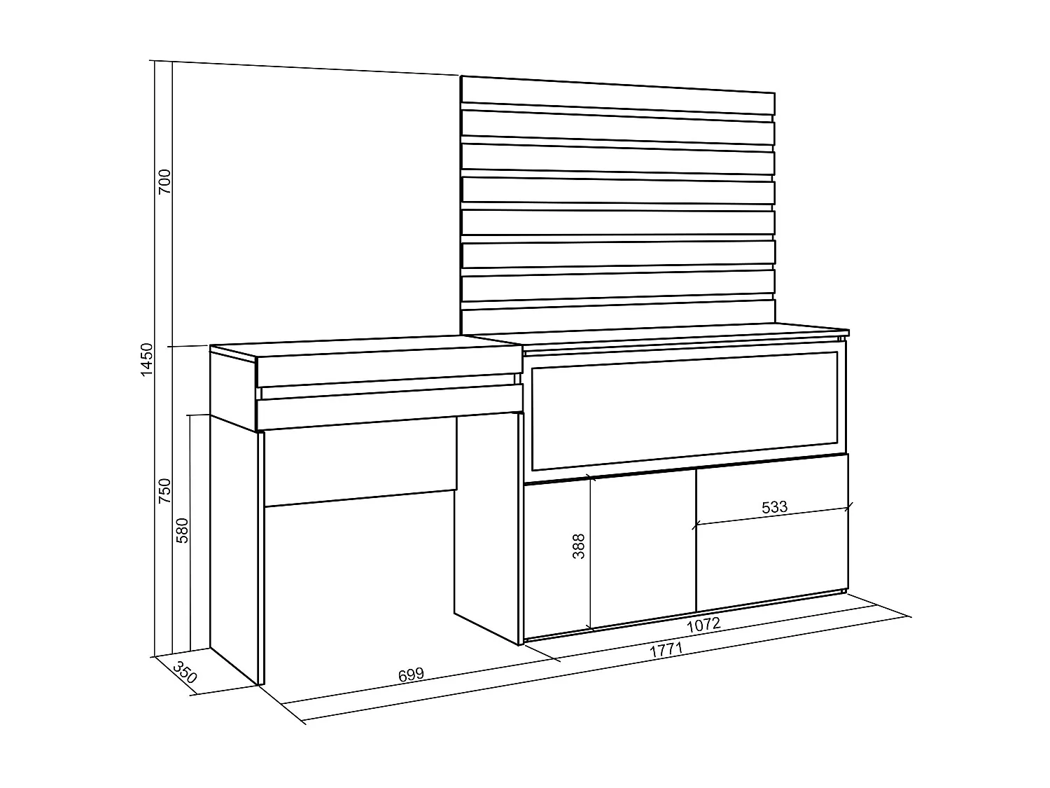 Tocador, 177x35x145cm, Con cajón, Chimenea eléctrica XXL, Listones Decorativos, Blanco