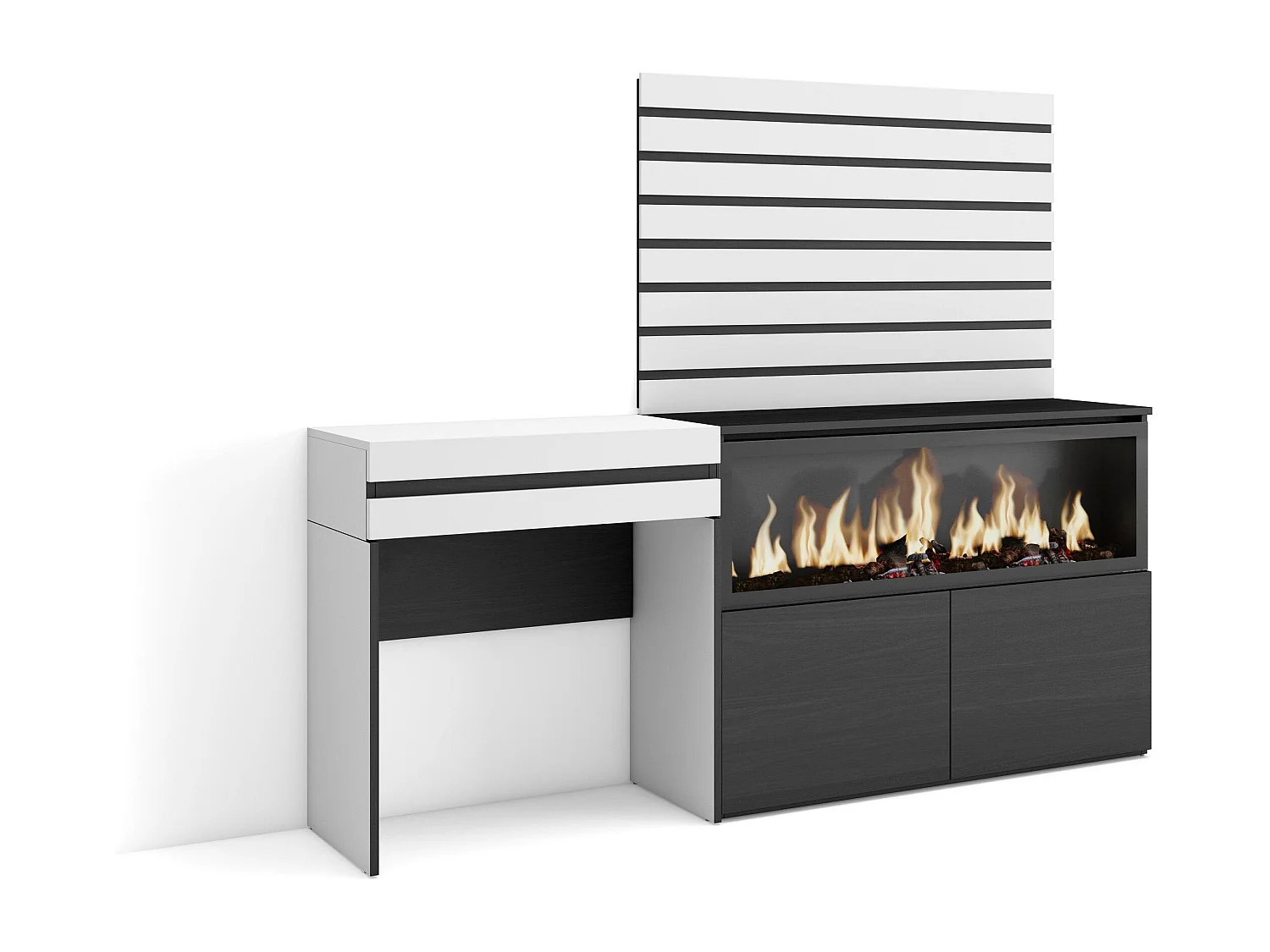 Coiffeuse, 177x35x145 cm, Avec tiroir, Cheminée électrique XXL, Panneaux Muraux en Bois, Blanc