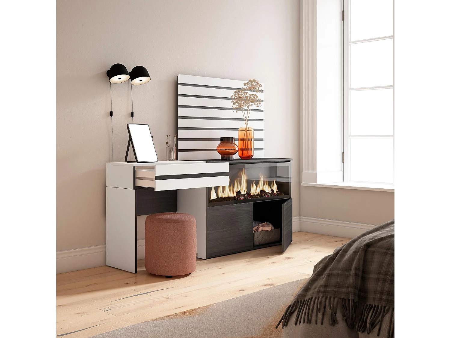 Coiffeuse, 177x35x145 cm, Avec tiroir, Cheminée électrique XXL, Panneaux Muraux en Bois, Blanc