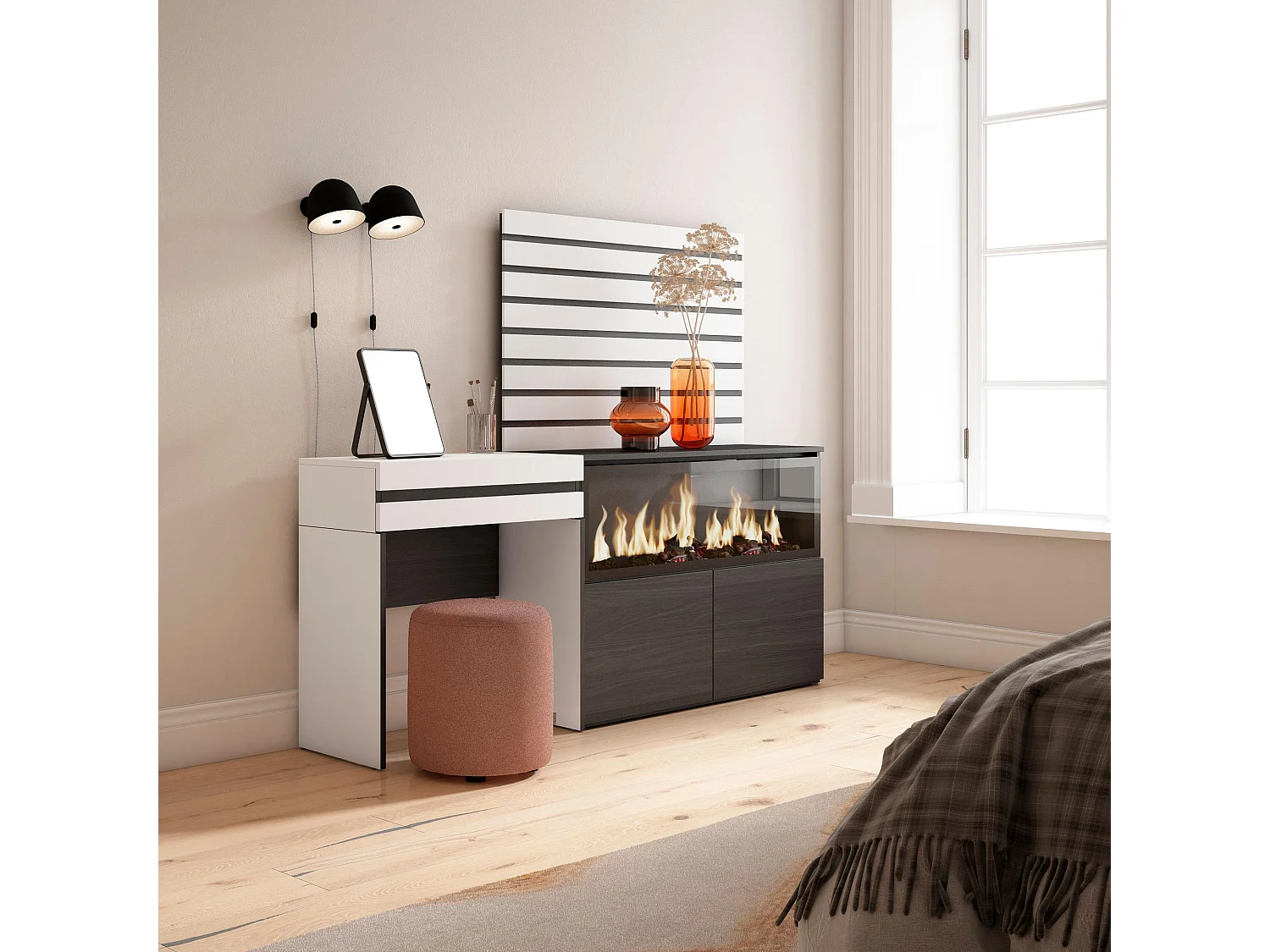 Coiffeuse, 177x35x145cm, avec tiroir, Cheminée électrique XXL, Panneaux Muraux en Bois, Blanc
