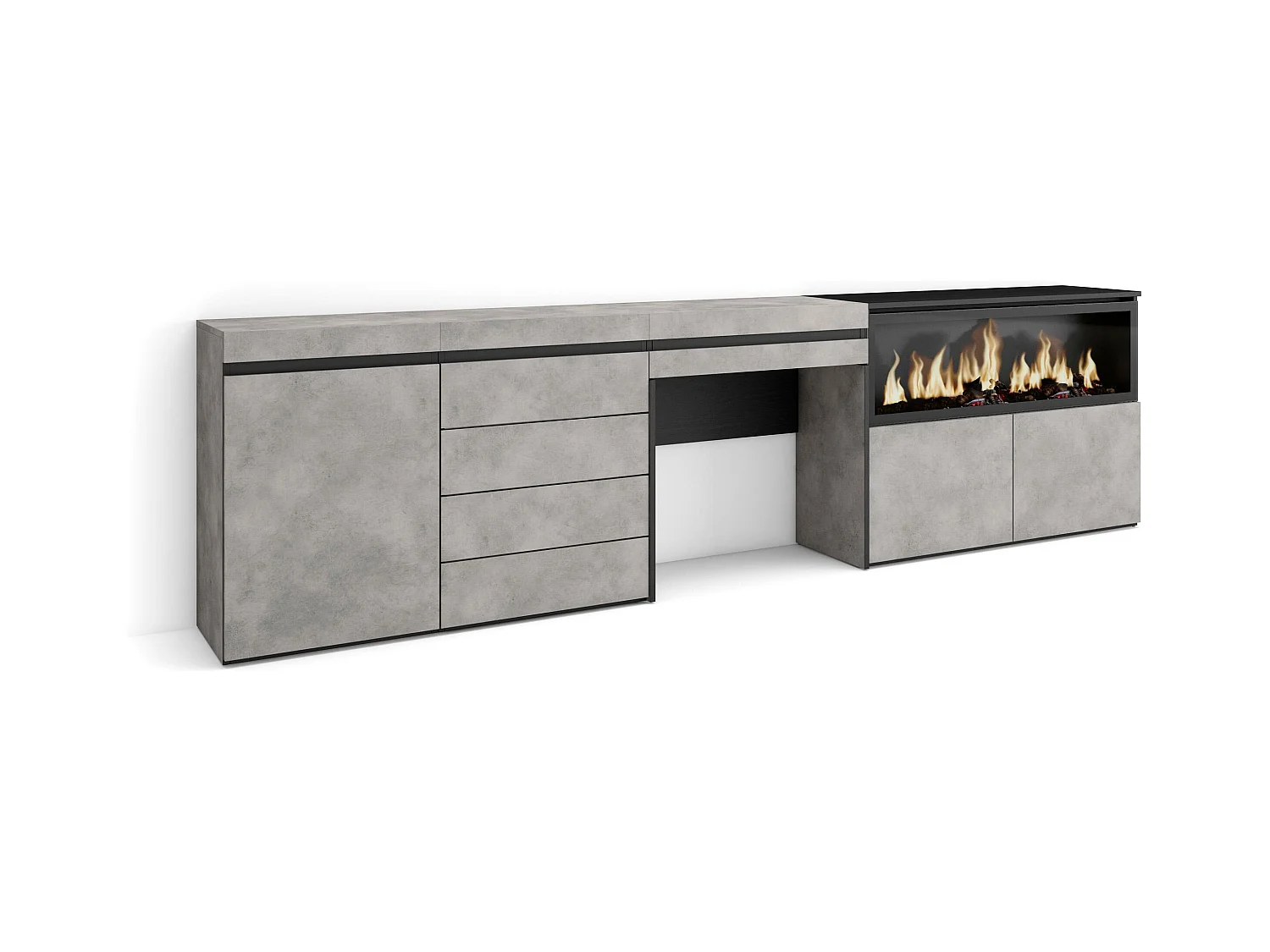 Coiffeuse, 284x35x75 cm, Avec tiroir, Cheminée électrique XXL, Commode, Buffet, Ciment