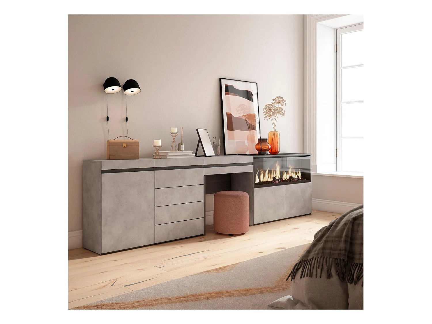 Coiffeuse, 284x35x75 cm, Avec tiroir, Cheminée électrique XXL, Commode, Buffet, Ciment