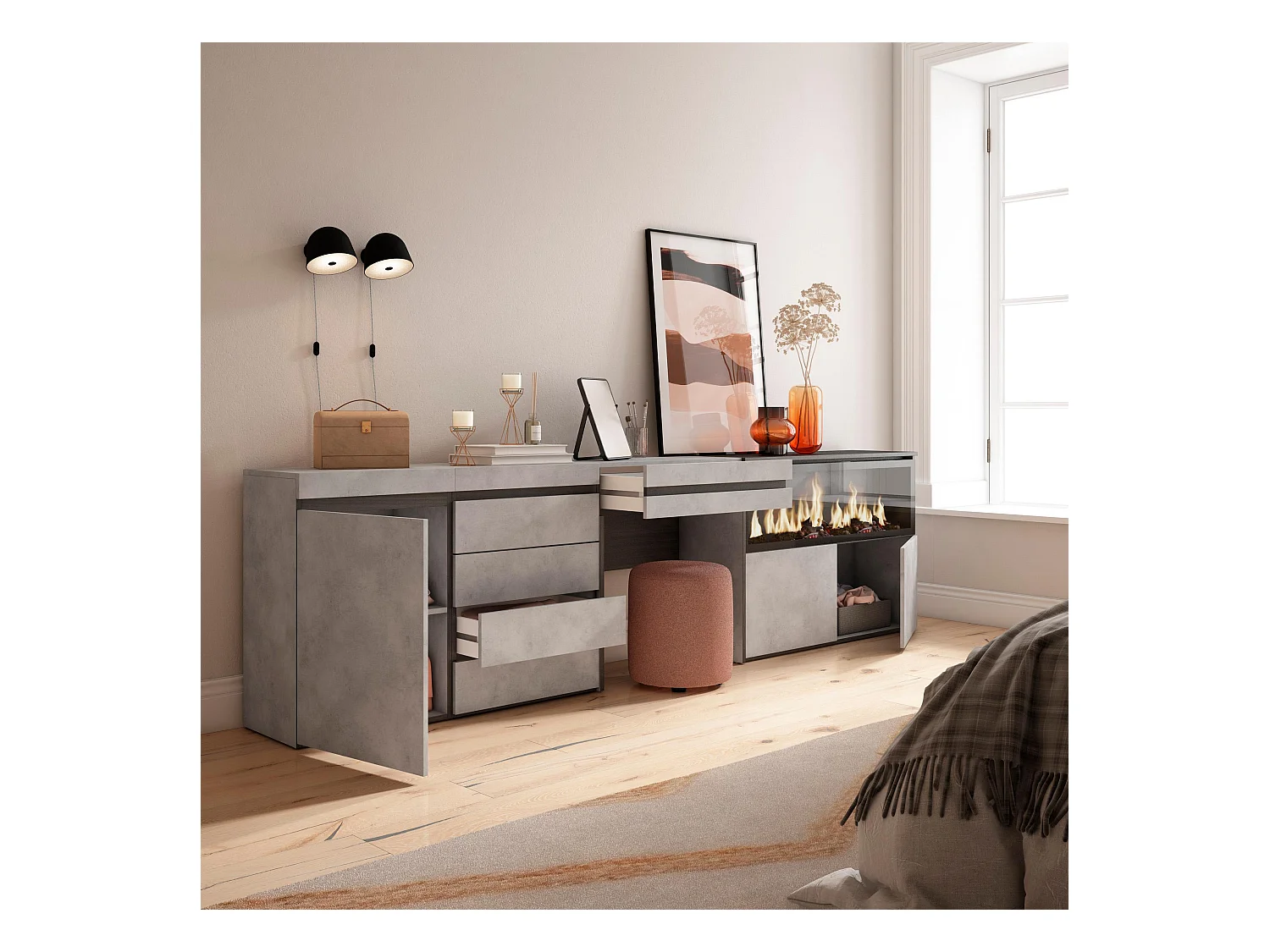 Coiffeuse, 284x35x75 cm, Avec tiroir, Cheminée électrique XXL, Commode, Buffet, Ciment