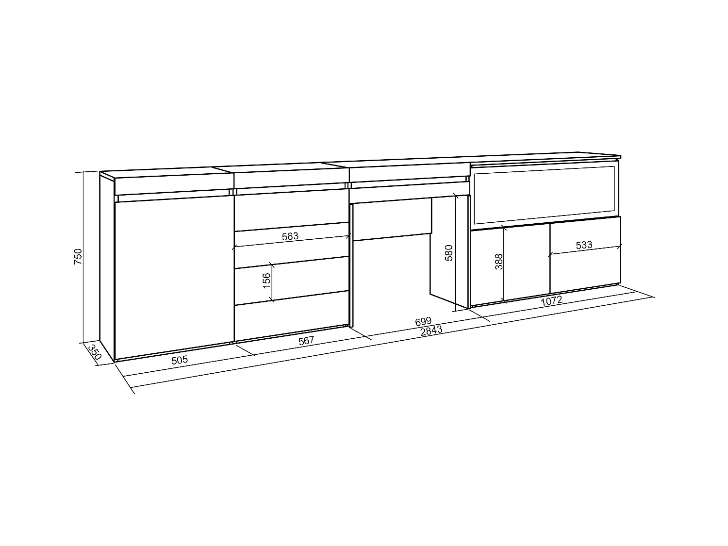 Coiffeuse, 284x35x75 cm, Avec tiroir, Cheminée électrique XXL, Commode, Buffet, Ciment