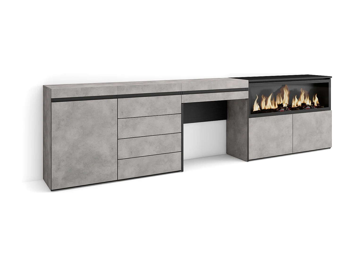 Coiffeuse, 284x35x75 cm, Avec tiroir, Cheminée électrique XXL, Commode, Buffet, Ciment