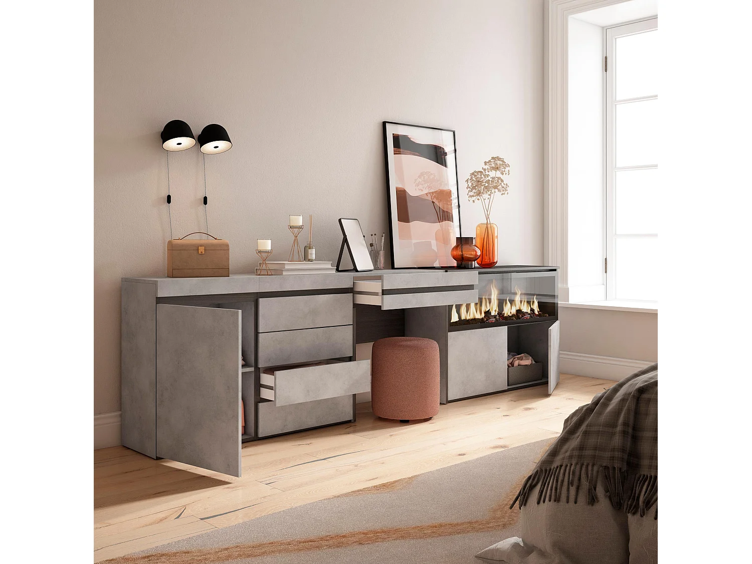 Coiffeuse, 284x35x75 cm, Avec tiroir, Cheminée électrique XXL, Commode, Buffet, Ciment