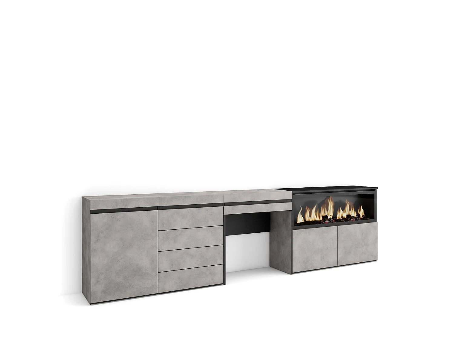 Tavolo da toeletta, 284x35x75cm, Con cassetto, Camino elettrico XXL, Cassettiera, Cemento
