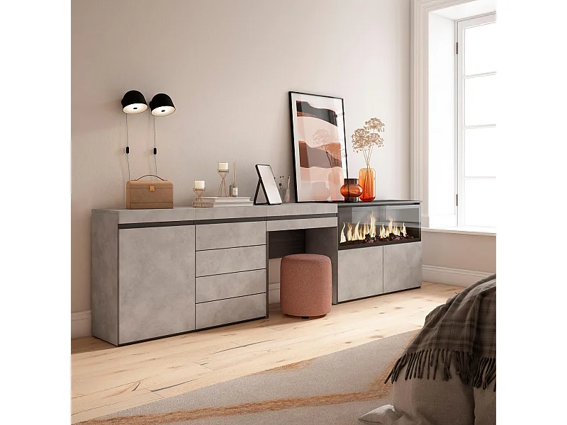 Coiffeuse, 284x35x75 cm, Avec tiroir, Cheminée électrique XXL, Commode, Buffet, Ciment