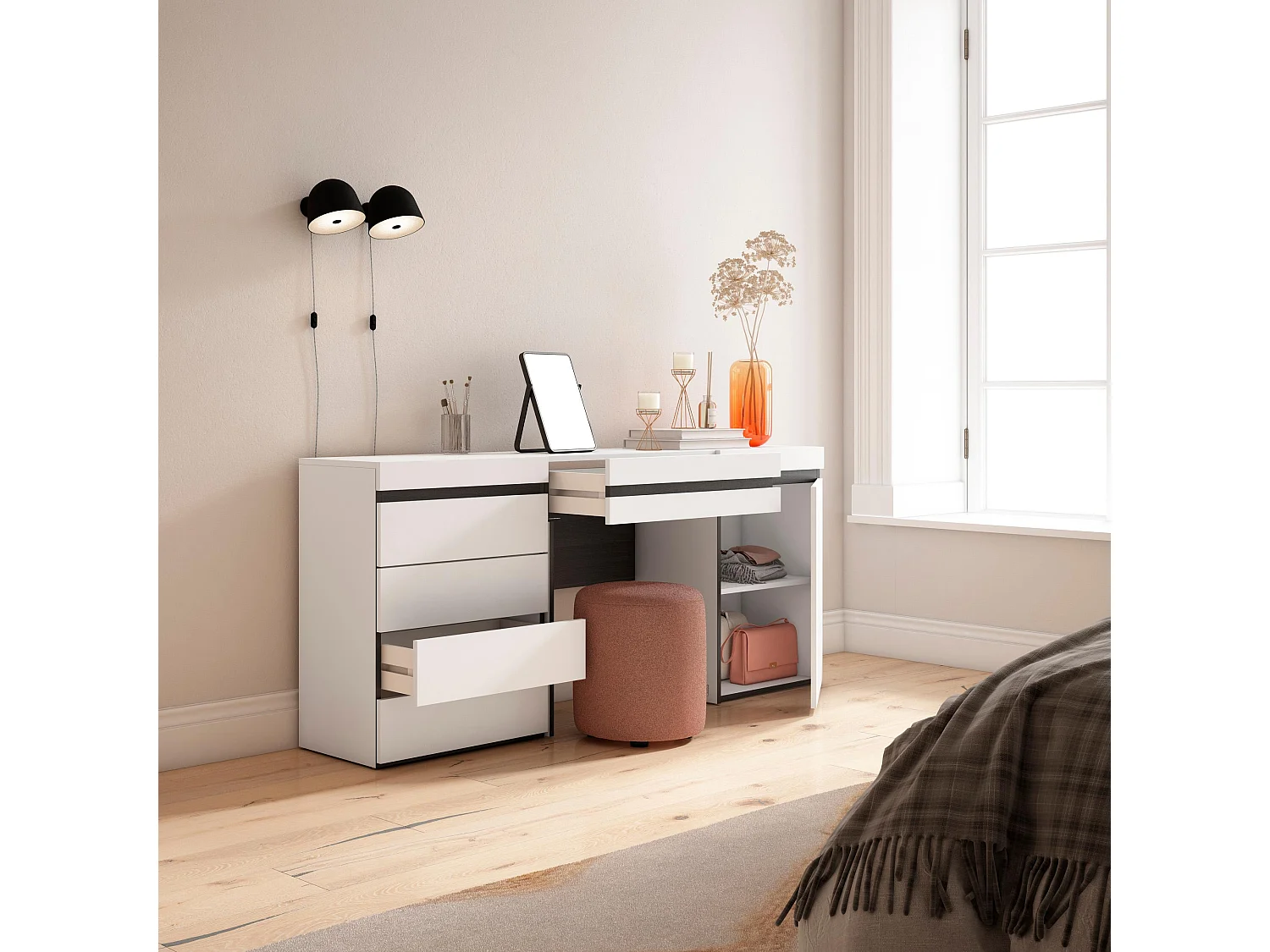 Schminktisch, 177x35x75cm, mit Schublade, Kommode mit Schubladen, Weiß