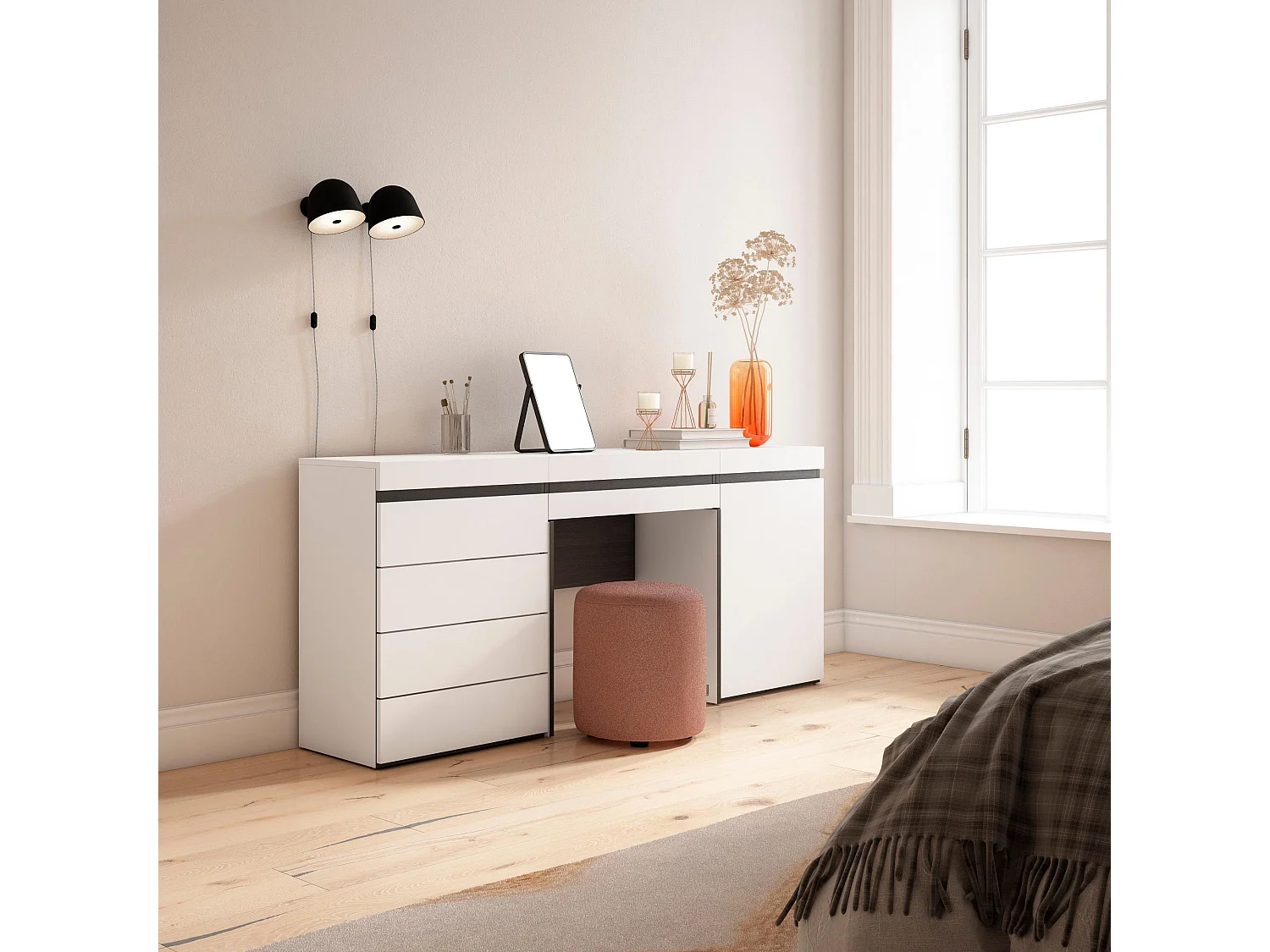 Schminktisch, 177x35x75cm, mit Schublade, Kommode mit Schubladen, Weiß