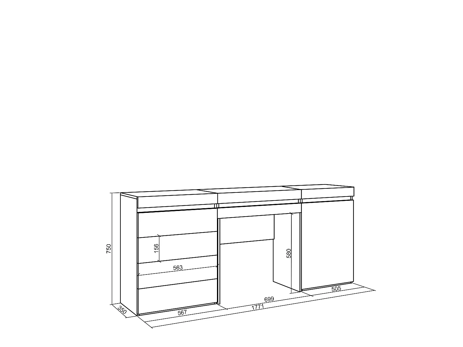 Schminktisch, 177x35x75cm, mit Schublade, Kommode mit Schubladen, Weiß